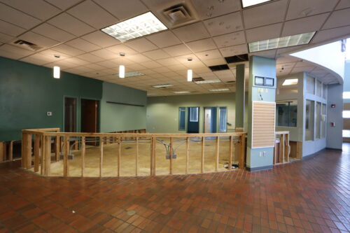 The shelter's Adoption Lobby after the flood damage demolition.